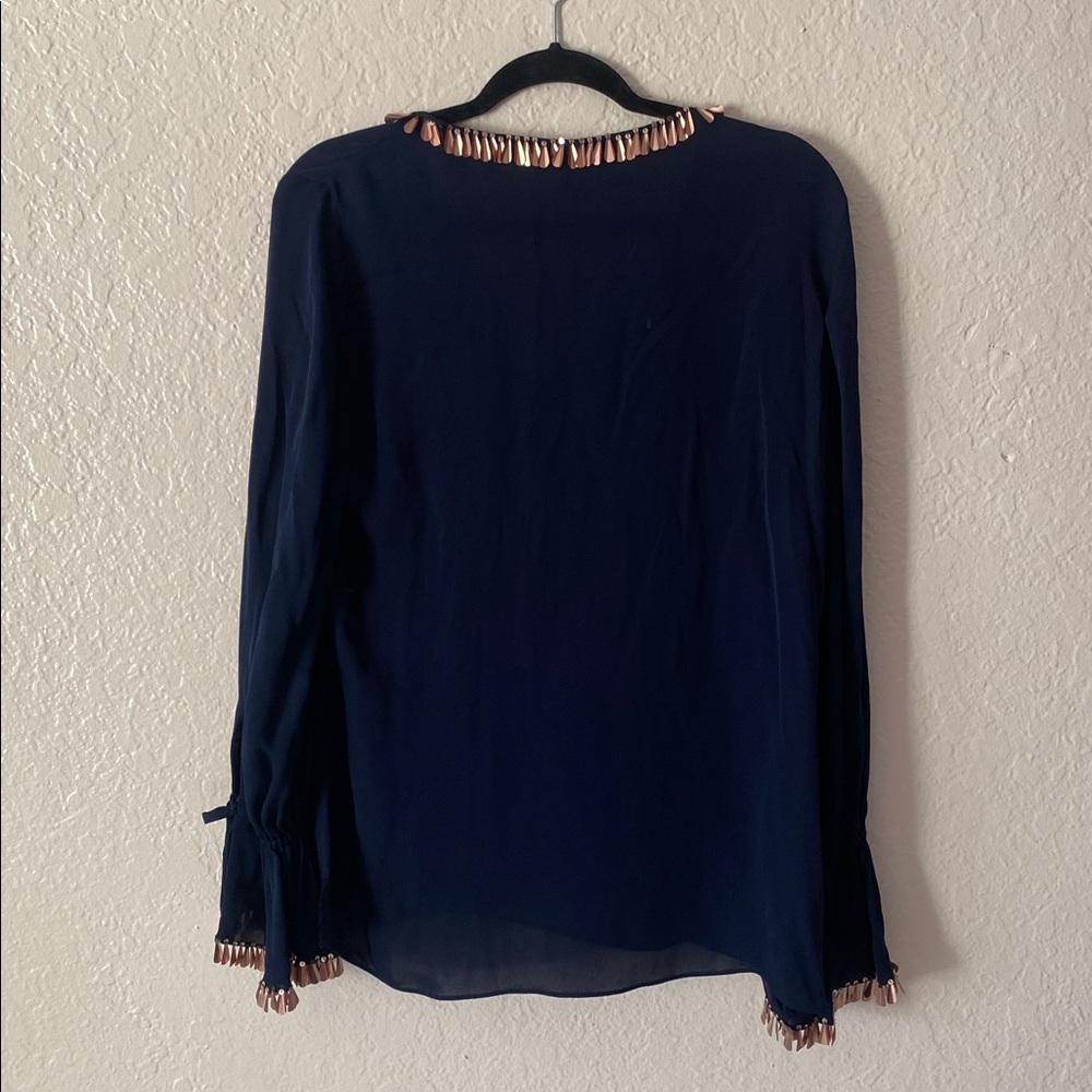 Kobi Halperin 100% Silk Juliette Embellished Georgette Blouse Size M Navy Gold - Picture 6 of 8